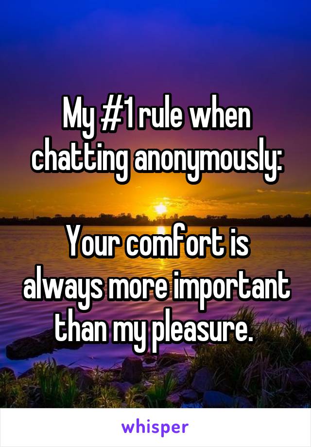 My #1 rule when chatting anonymously:

Your comfort is always more important than my pleasure. 