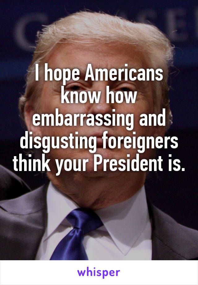 I hope Americans know how embarrassing and disgusting foreigners think your President is. 
