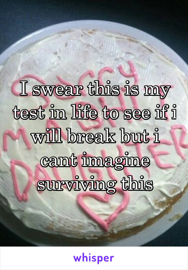 I swear this is my test in life to see if i will break but i cant imagine surviving this