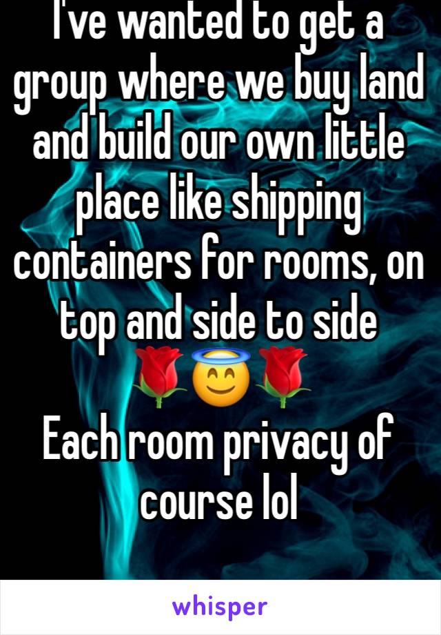 I've wanted to get a group where we buy land and build our own little place like shipping containers for rooms, on top and side to side
🌹😇🌹
Each room privacy of course lol