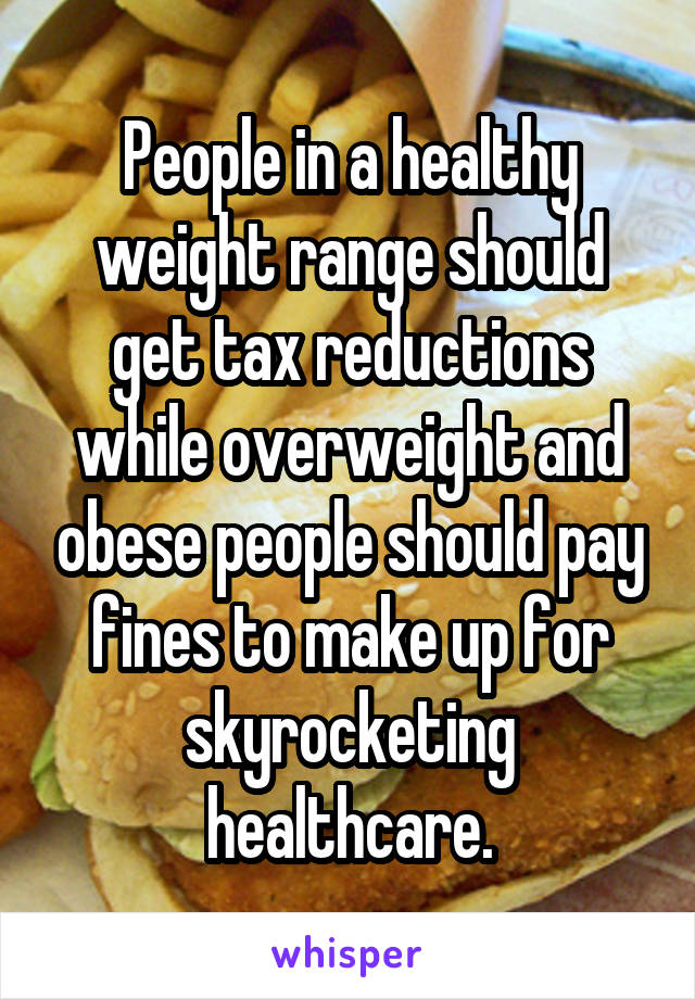 People in a healthy weight range should get tax reductions while overweight and obese people should pay fines to make up for skyrocketing healthcare.