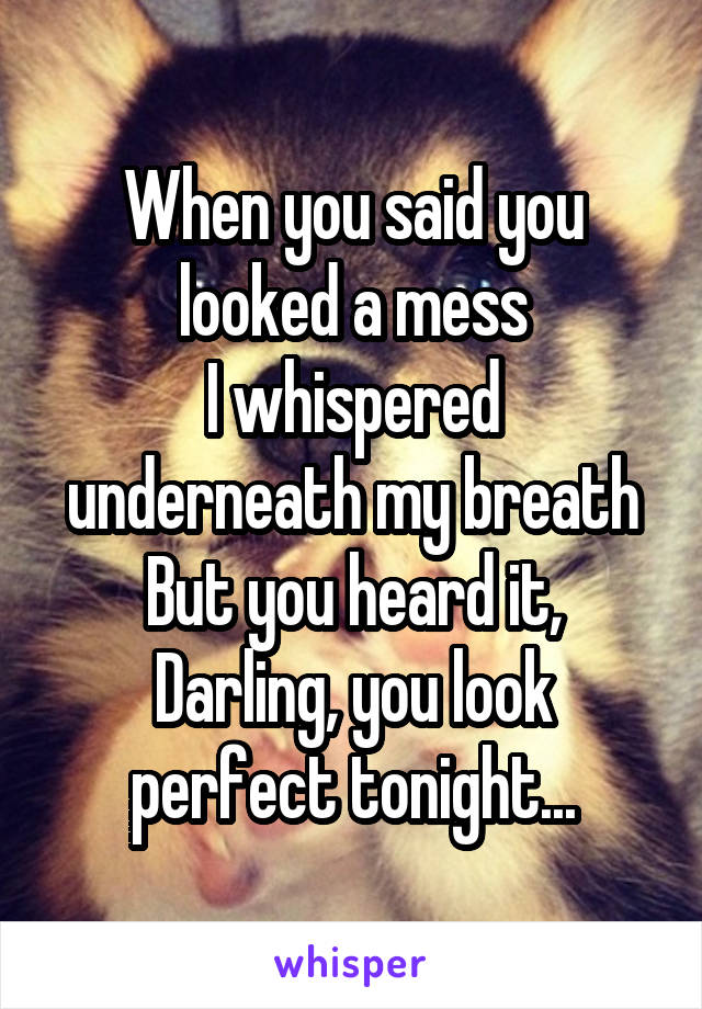 When you said you looked a mess
I whispered underneath my breath
But you heard it,
Darling, you look perfect tonight...