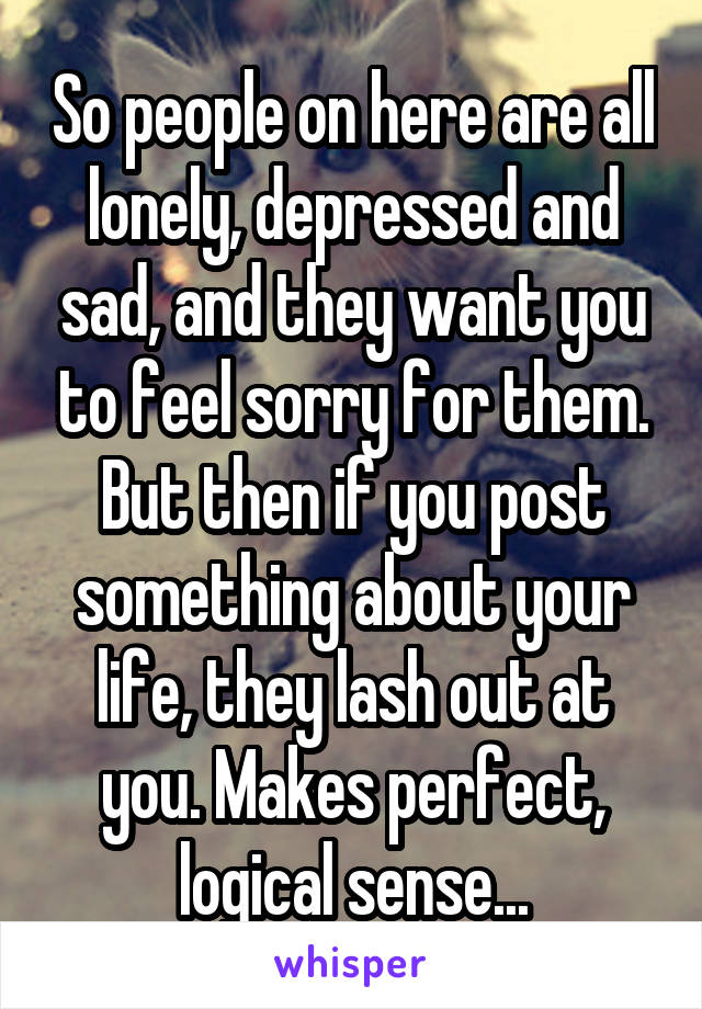 So people on here are all lonely, depressed and sad, and they want you to feel sorry for them. But then if you post something about your life, they lash out at you. Makes perfect, logical sense...