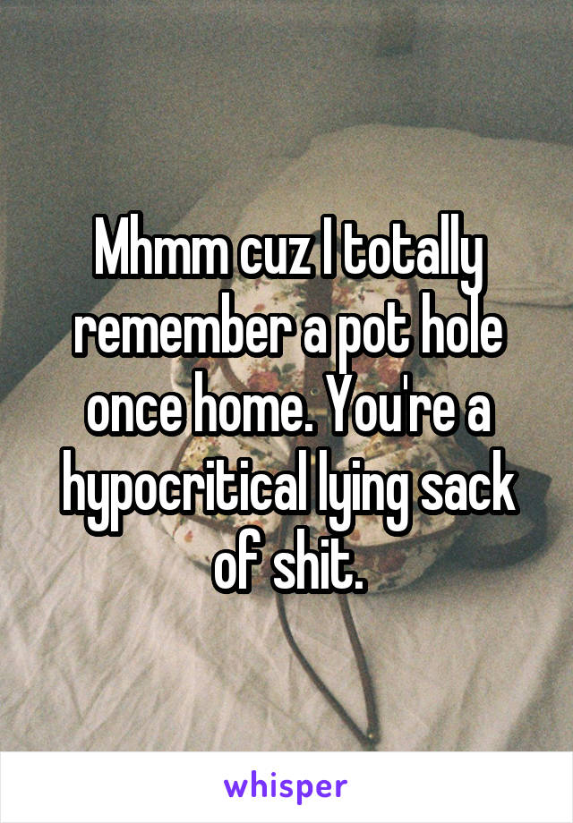 Mhmm cuz I totally remember a pot hole once home. You're a hypocritical lying sack of shit.