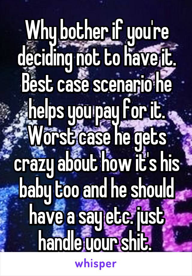 Why bother if you're deciding not to have it. Best case scenario he helps you pay for it. Worst case he gets crazy about how it's his baby too and he should have a say etc. just handle your shit. 
