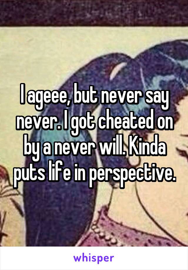 I ageee, but never say never. I got cheated on by a never will. Kinda puts life in perspective.