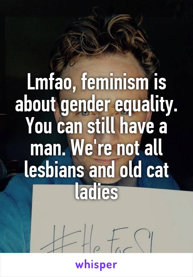 Lmfao, feminism is about gender equality. You can still have a man. We're not all lesbians and old cat ladies