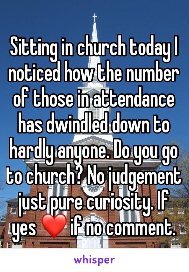 Sitting in church today I noticed how the number of those in attendance has dwindled down to hardly anyone. Do you go to church? No judgement just pure curiosity. If yes ❤️ if no comment.