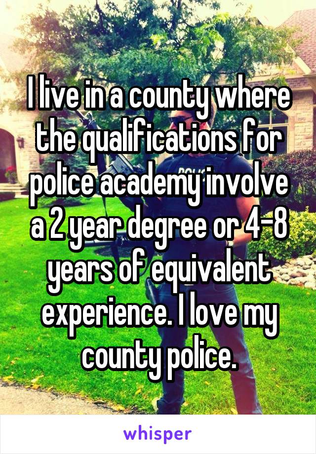 I live in a county where the qualifications for police academy involve a 2 year degree or 4-8 years of equivalent experience. I love my county police.