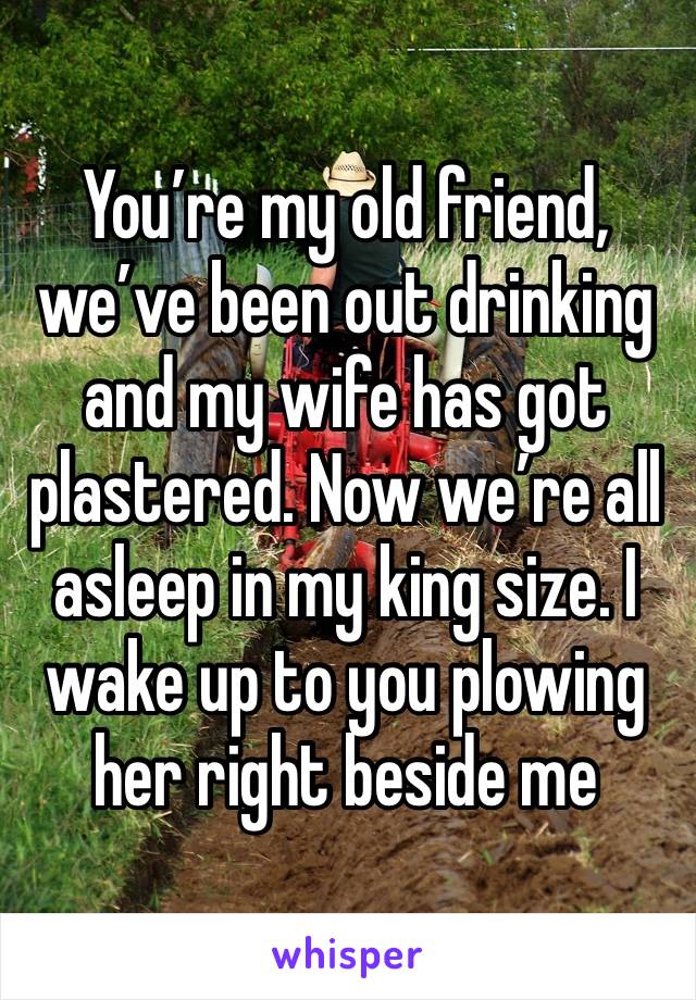 You’re my old friend, we’ve been out drinking and my wife has got plastered. Now we’re all asleep in my king size. I wake up to you plowing her right beside me