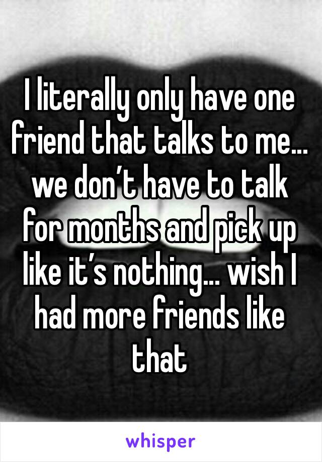 I literally only have one friend that talks to me... we don’t have to talk for months and pick up like it’s nothing... wish I had more friends like that 