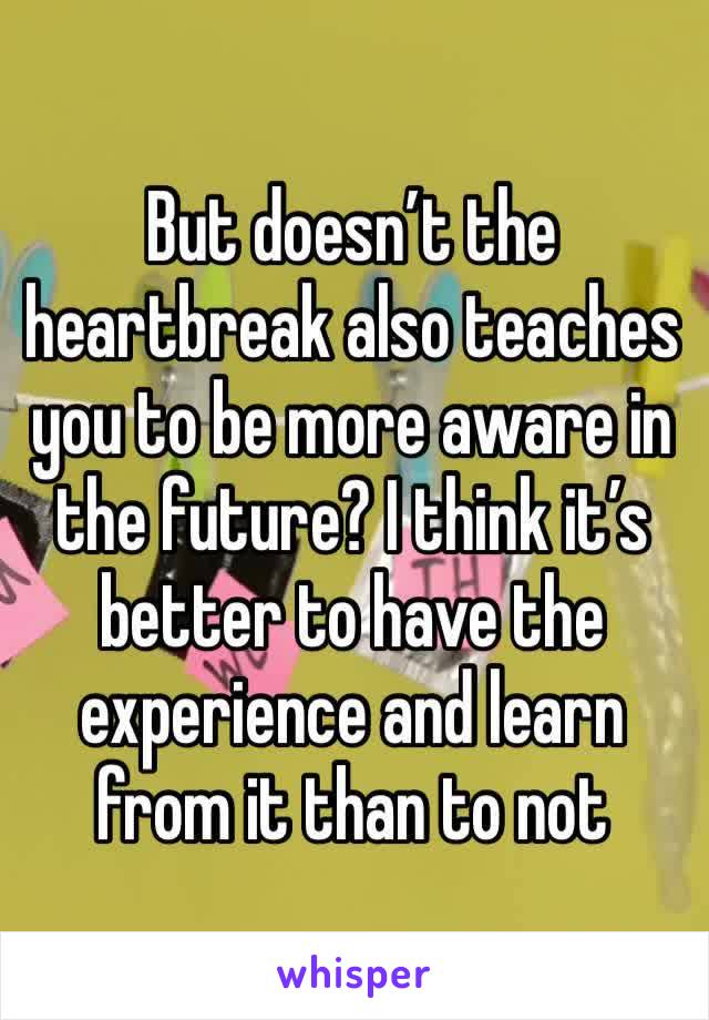 But doesn’t the heartbreak also teaches you to be more aware in the future? I think it’s better to have the experience and learn from it than to not 