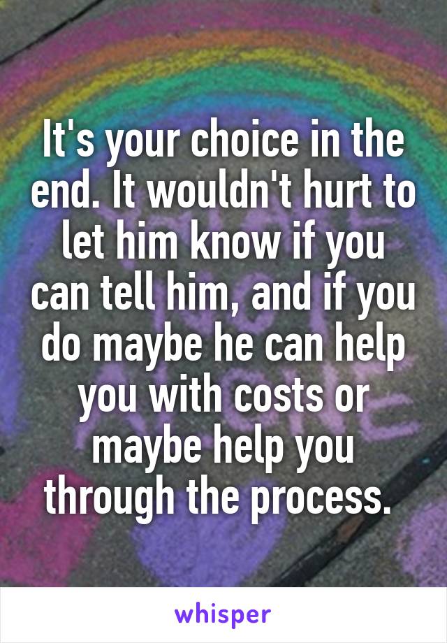 It's your choice in the end. It wouldn't hurt to let him know if you can tell him, and if you do maybe he can help you with costs or maybe help you through the process. 