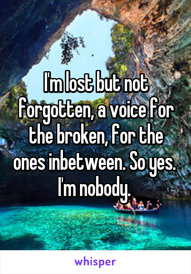 I'm lost but not forgotten, a voice for the broken, for the ones inbetween. So yes. 
I'm nobody. 