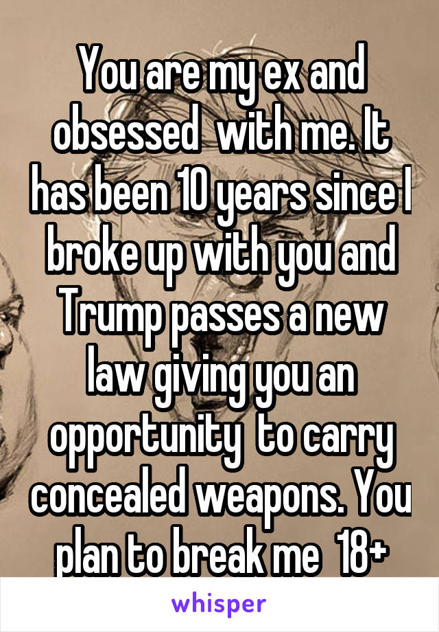 You are my ex and obsessed  with me. It has been 10 years since I broke up with you and Trump passes a new law giving you an opportunity  to carry concealed weapons. You plan to break me  18+