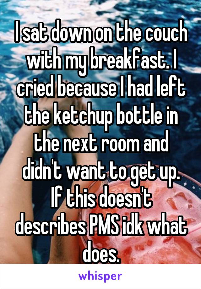 I sat down on the couch with my breakfast. I cried because I had left the ketchup bottle in the next room and didn't want to get up.
If this doesn't describes PMS idk what does.