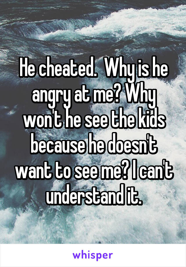 He cheated.  Why is he angry at me? Why won't he see the kids because he doesn't want to see me? I can't understand it.