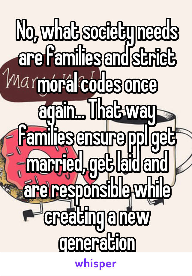 No, what society needs are families and strict moral codes once again... That way families ensure ppl get married, get laid and are responsible while creating a new generation