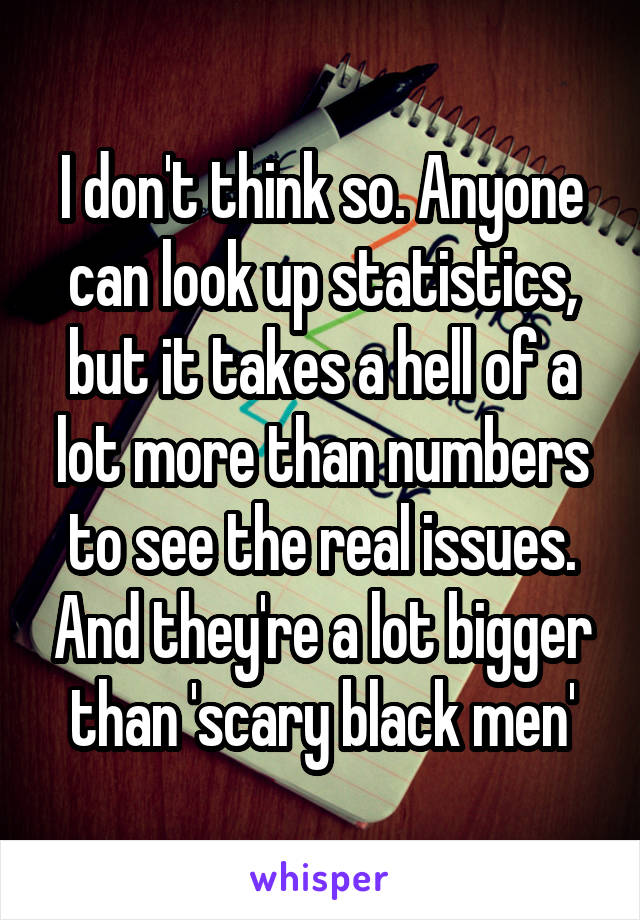 I don't think so. Anyone can look up statistics, but it takes a hell of a lot more than numbers to see the real issues. And they're a lot bigger than 'scary black men'