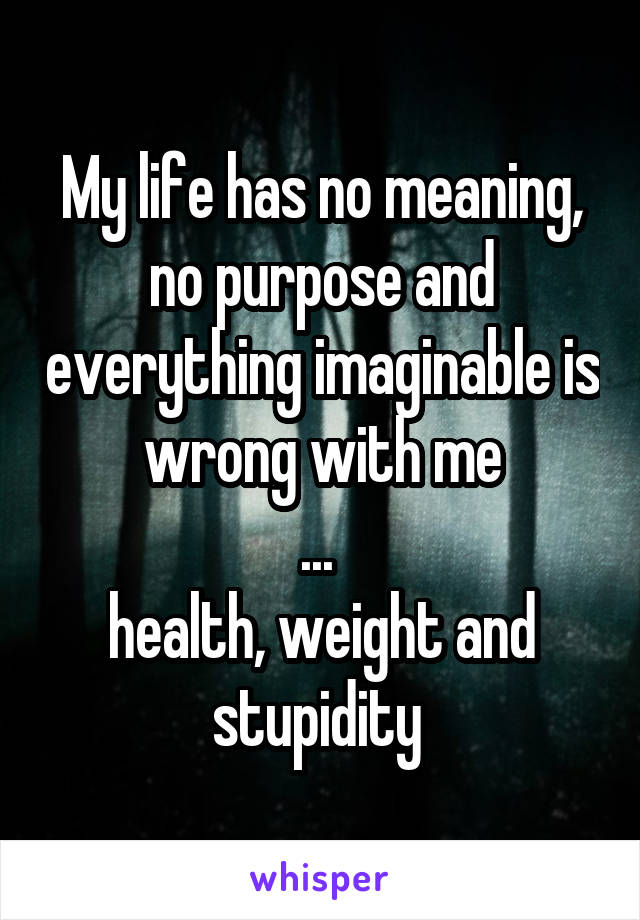 My life has no meaning, no purpose and everything imaginable is wrong with me
... 
health, weight and stupidity 