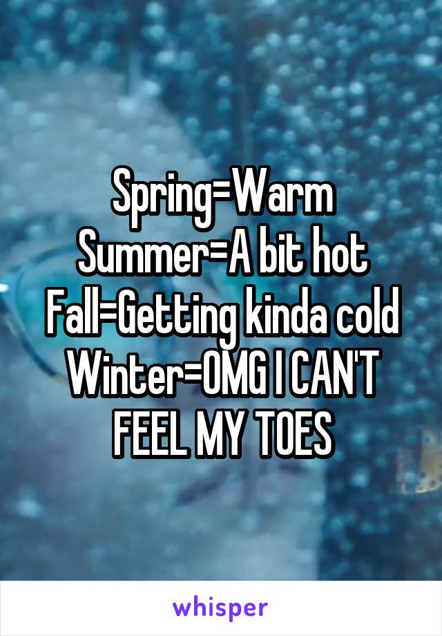 Spring=Warm
Summer=A bit hot
Fall=Getting kinda cold
Winter=OMG I CAN'T FEEL MY TOES