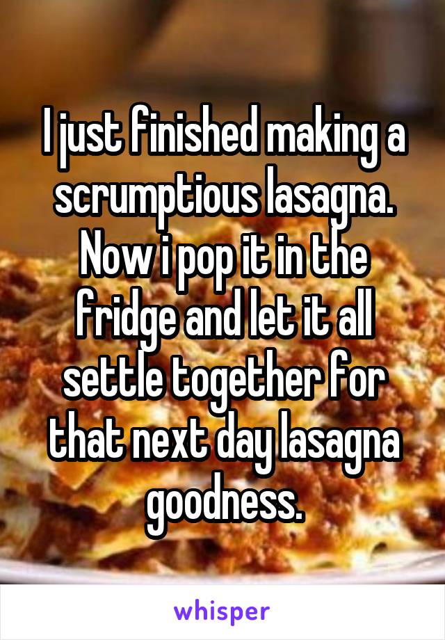 I just finished making a scrumptious lasagna.
Now i pop it in the fridge and let it all settle together for that next day lasagna goodness.