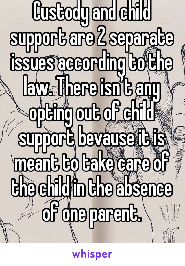 Custody and child support are 2 separate issues according to the law. There isn’t any opting out of child support bevause it is meant to take care of the child in the absence of one parent.