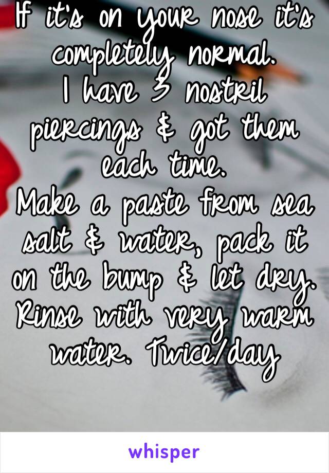 If it’s on your nose it’s completely normal. 
I have 3 nostril piercings & got them each time. 
Make a paste from sea salt & water, pack it on the bump & let dry. Rinse with very warm water. Twice/day