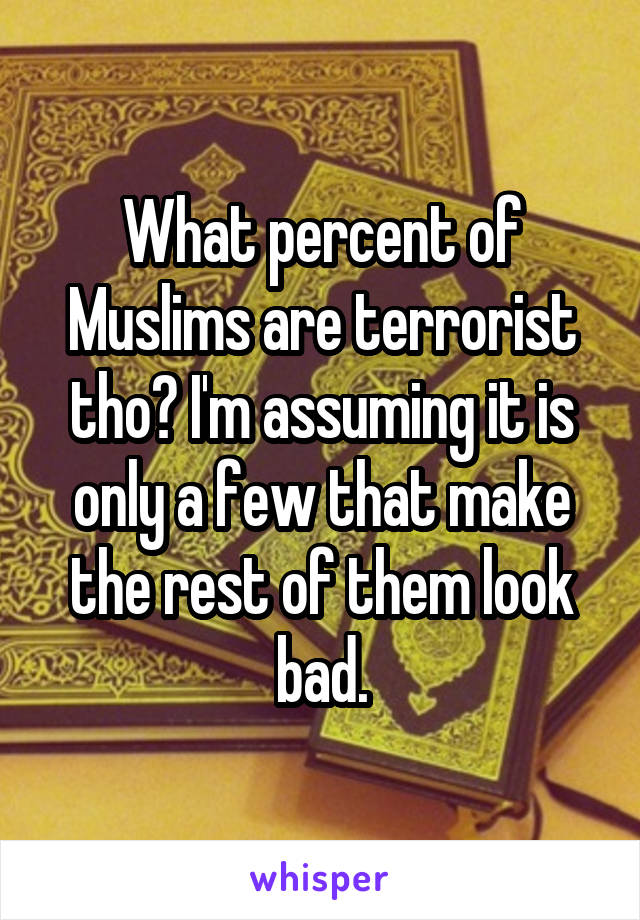 What percent of Muslims are terrorist tho? I'm assuming it is only a few that make the rest of them look bad.