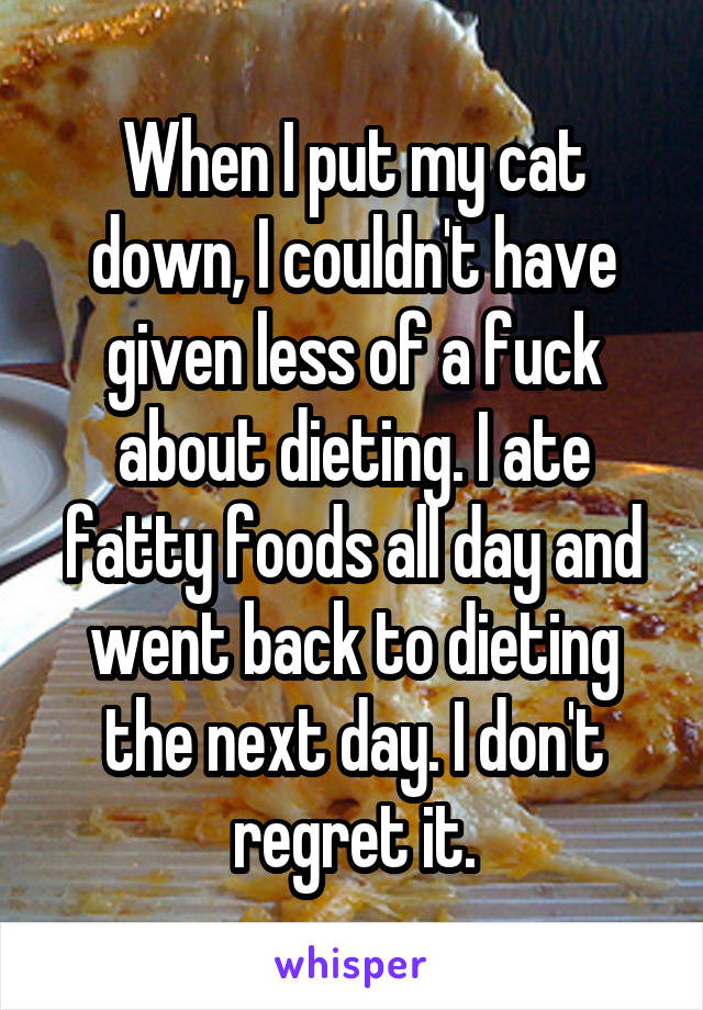 When I put my cat down, I couldn't have given less of a fuck about dieting. I ate fatty foods all day and went back to dieting the next day. I don't regret it.