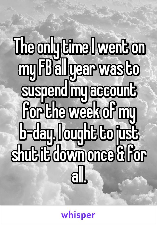 The only time I went on my FB all year was to suspend my account for the week of my b-day. I ought to just shut it down once & for all.