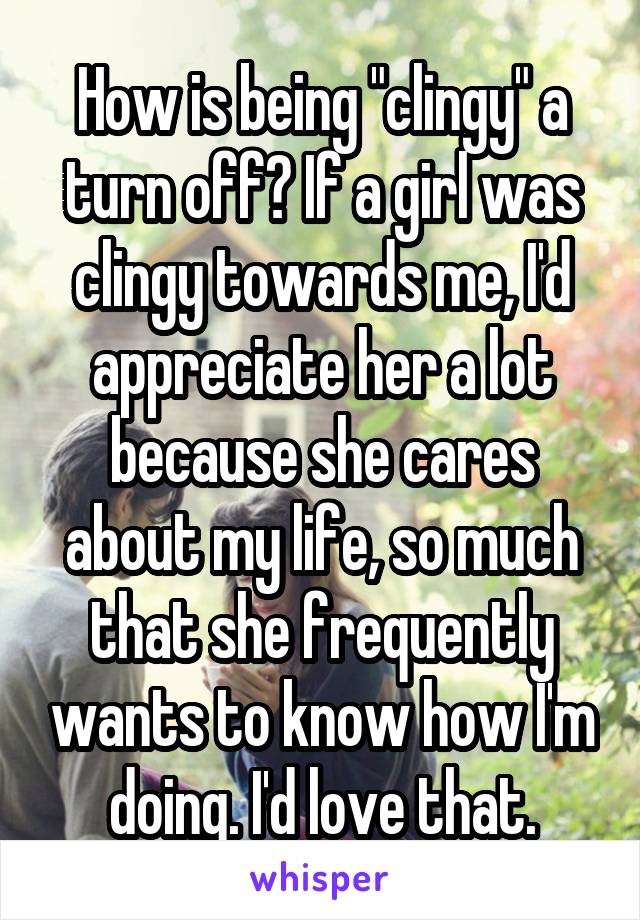 How is being "clingy" a turn off? If a girl was clingy towards me, I'd appreciate her a lot because she cares about my life, so much that she frequently wants to know how I'm doing. I'd love that.