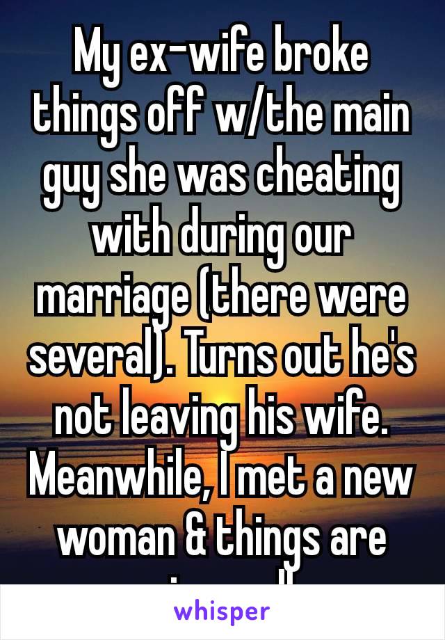 My ex-wife broke things off w/the main guy she was cheating with during our marriage (there were several). Turns out he's not leaving his wife.
Meanwhile, I met a new woman​ & things are going well. 