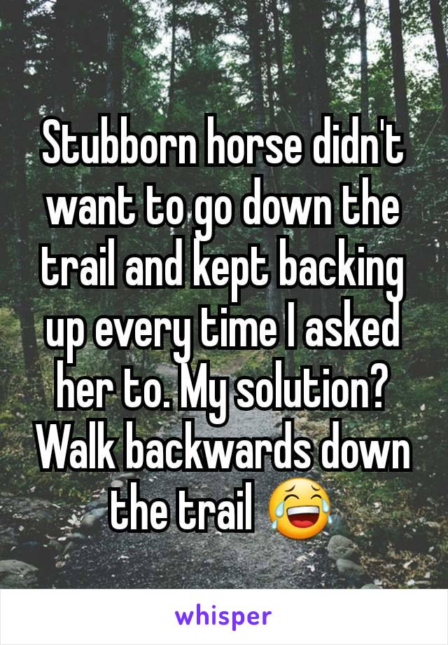 Stubborn horse didn't want to go down the trail and kept backing up every time I asked her to. My solution? Walk backwards down the trail 😂