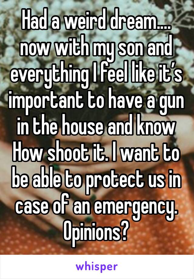Had a weird dream.... 
now with my son and everything I feel like it’s important to have a gun in the house and know How shoot it. I want to be able to protect us in case of an emergency. 
Opinions?