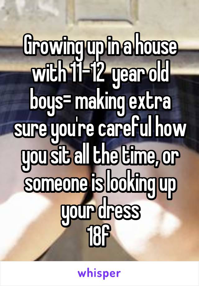 Growing up in a house with 11-12  year old boys= making extra sure you're careful how you sit all the time, or someone is looking up your dress
18f 