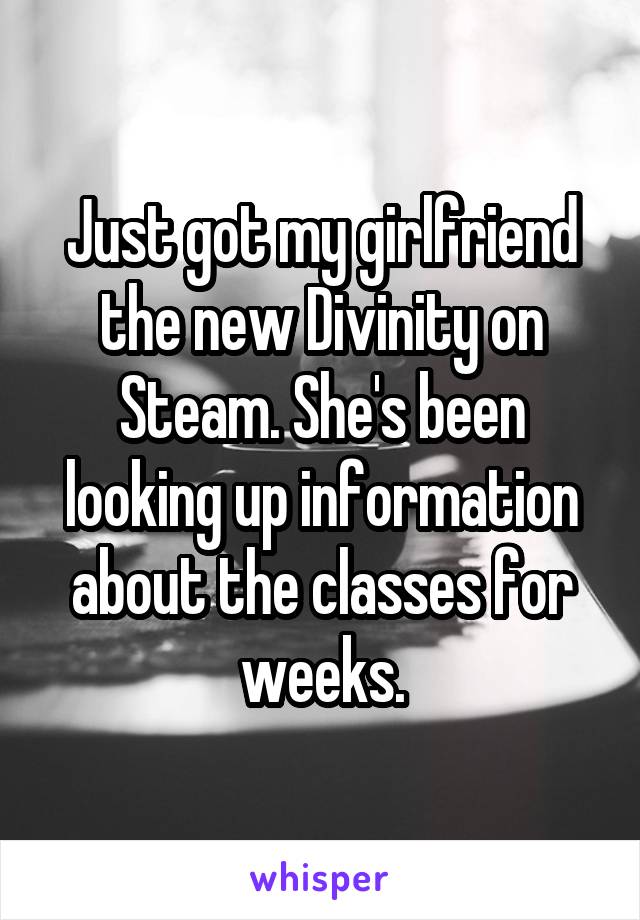 Just got my girlfriend the new Divinity on Steam. She's been looking up information about the classes for weeks.