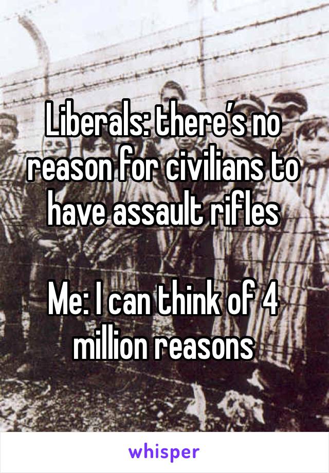 Liberals: there’s no reason for civilians to have assault rifles 

Me: I can think of 4 million reasons 