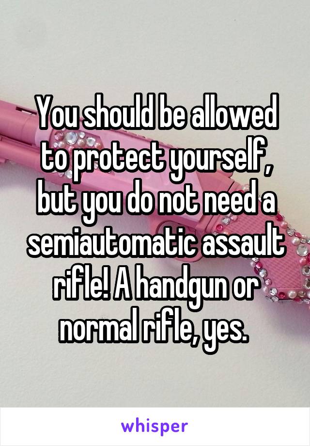 You should be allowed to protect yourself, but you do not need a semiautomatic assault rifle! A handgun or normal rifle, yes. 
