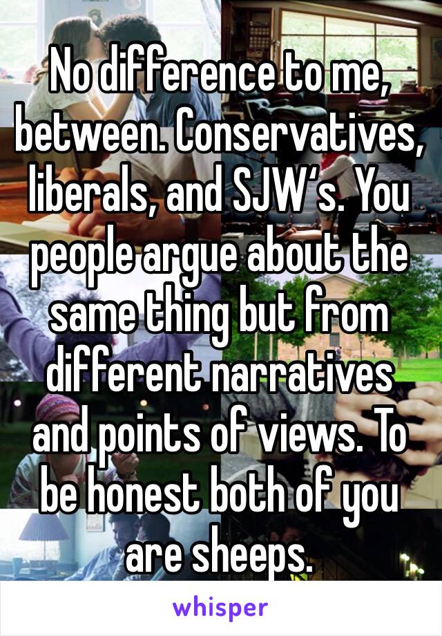 No difference to me, between. Conservatives, liberals, and SJW‘s. You people argue about the same thing but from different narratives and points of views. To be honest both of you are sheeps.