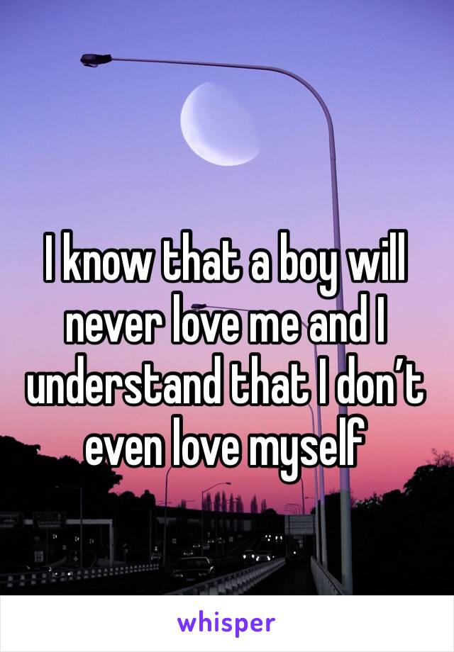 
I know that a boy will never love me and I understand that I don’t even love myself 