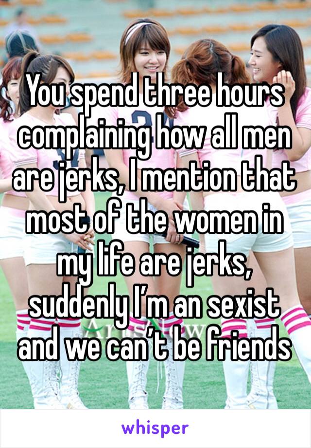You spend three hours complaining how all men are jerks, I mention that most of the women in my life are jerks, suddenly I’m an sexist and we can’t be friends