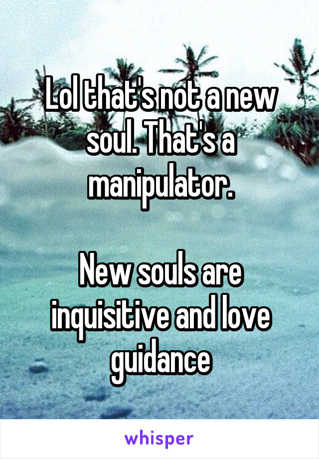 Lol that's not a new soul. That's a manipulator.

New souls are inquisitive and love guidance