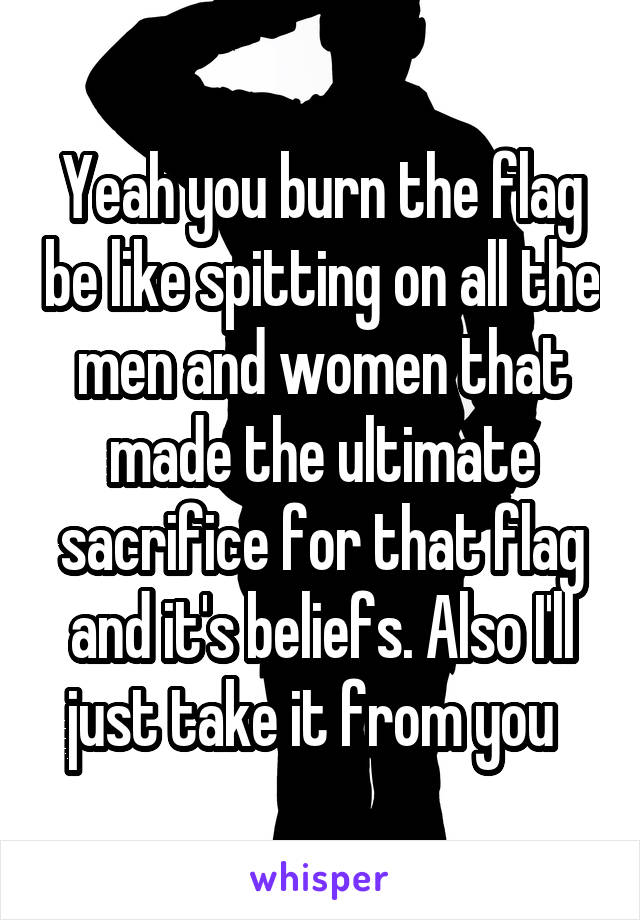 Yeah you burn the flag be like spitting on all the men and women that made the ultimate sacrifice for that flag and it's beliefs. Also I'll just take it from you  