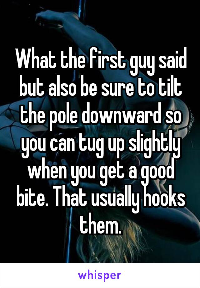 What the first guy said but also be sure to tilt the pole downward so you can tug up slightly when you get a good bite. That usually hooks them.