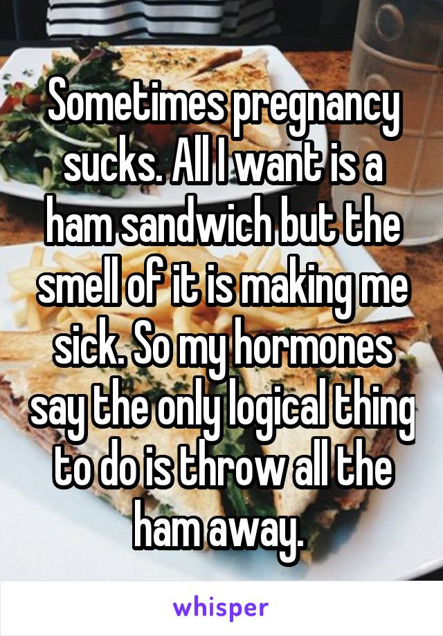 Sometimes pregnancy sucks. All I want is a ham sandwich but the smell of it is making me sick. So my hormones say the only logical thing to do is throw all the ham away. 