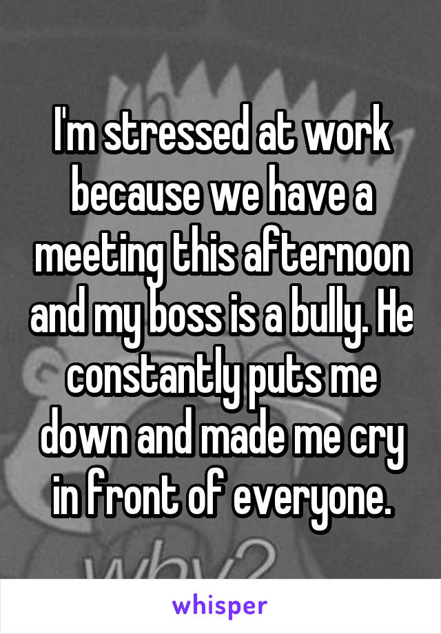 I'm stressed at work because we have a meeting this afternoon and my boss is a bully. He constantly puts me down and made me cry in front of everyone.