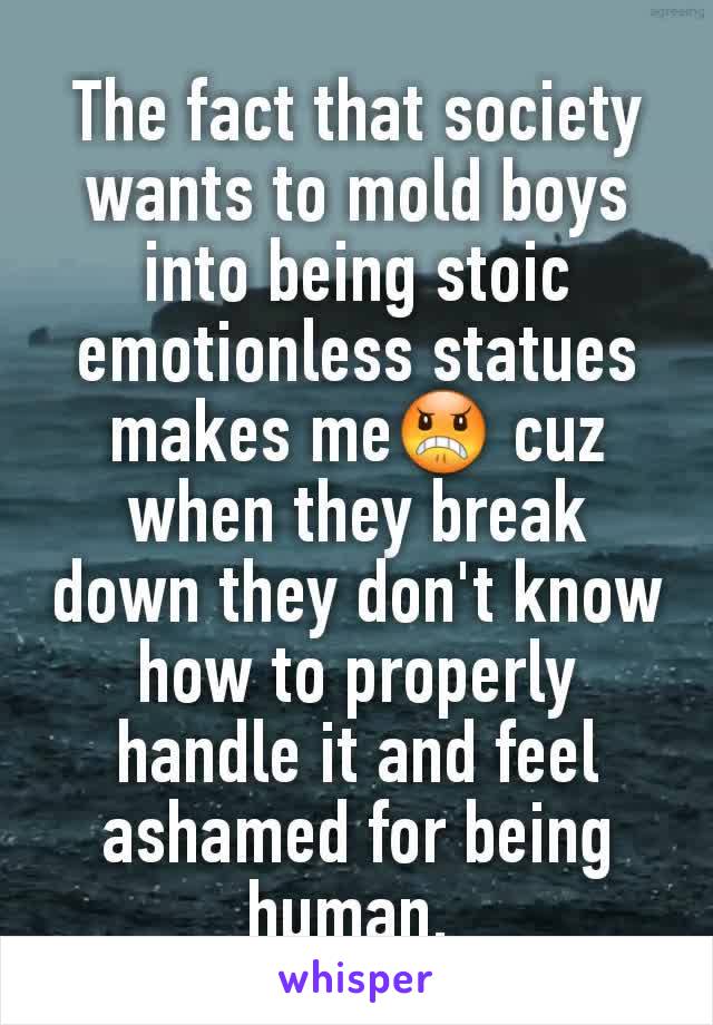 The fact that society wants to mold boys into being stoic emotionless statues makes me😠 cuz when they break down they don't know how to properly handle it and feel ashamed for being human. 