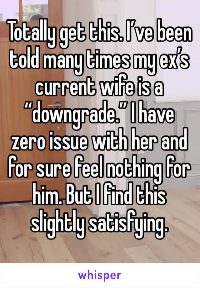 Totally get this. I’ve been told many times my ex’s current wife is a “downgrade.” I have zero issue with her and for sure feel nothing for him. But I find this slightly satisfying. 