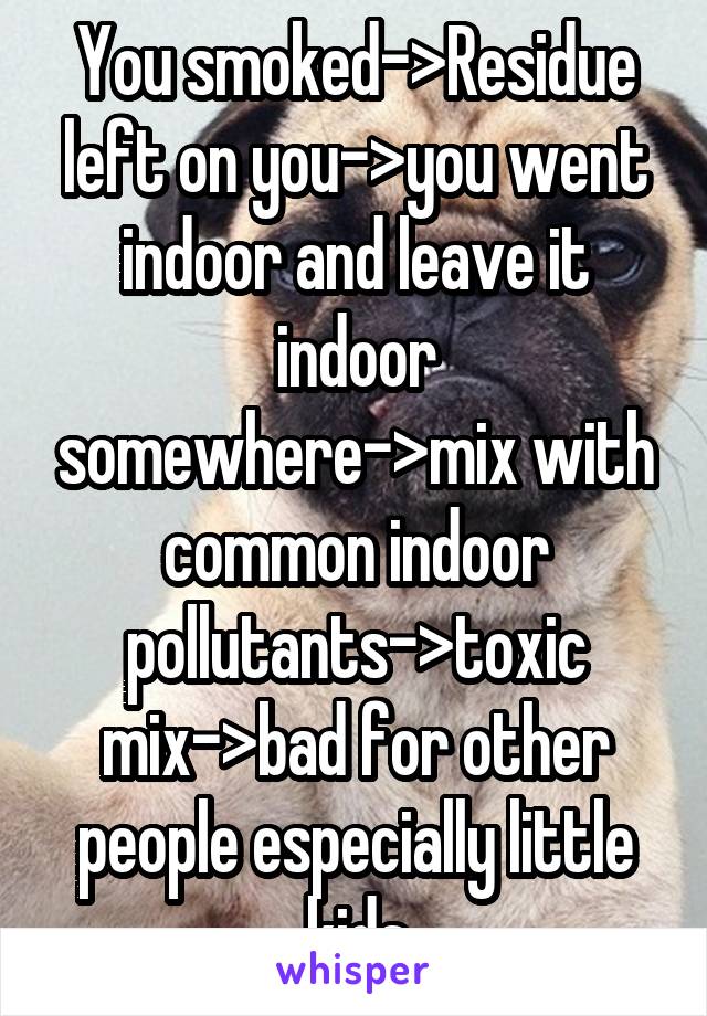 You smoked->Residue left on you->you went indoor and leave it indoor somewhere->mix with common indoor pollutants->toxic mix->bad for other people especially little kids